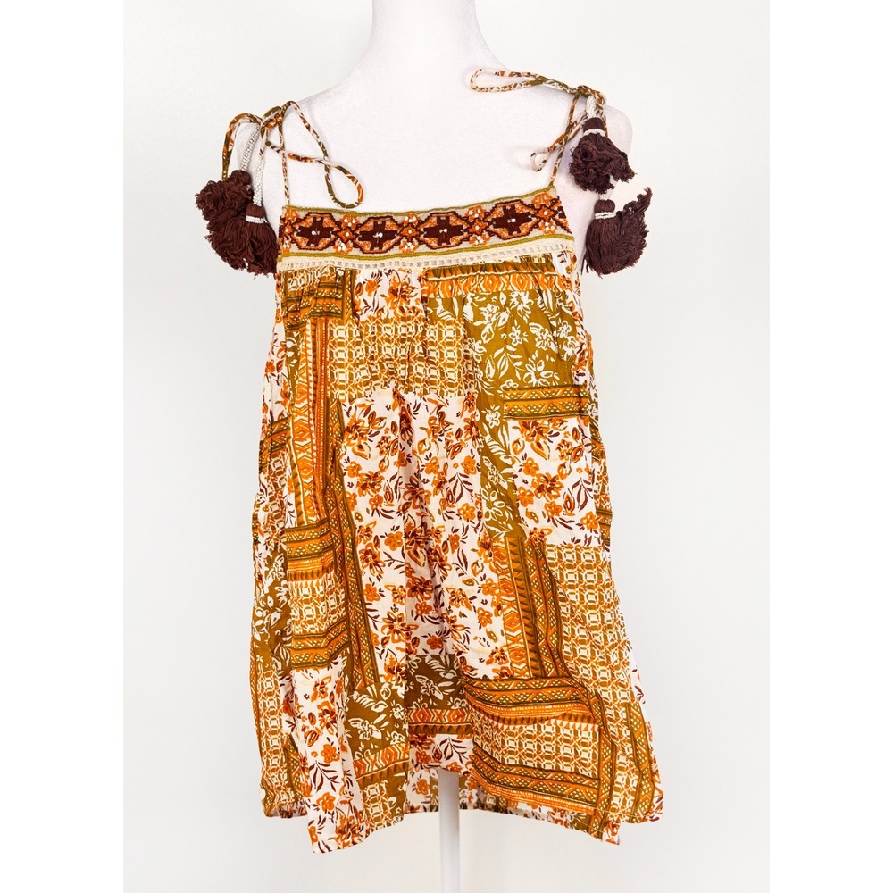 Artelier Nicole Miller Womens Small Boho Floral Patchwork Tassel Tank Top 006082